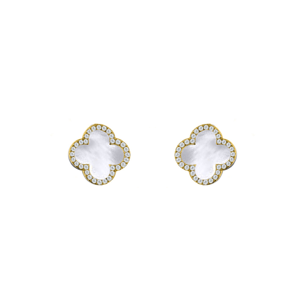 AES259-GP | 925 Silver 14ct gold Plated CZ Set 5 Clover Stud Earrings MOP White Colour