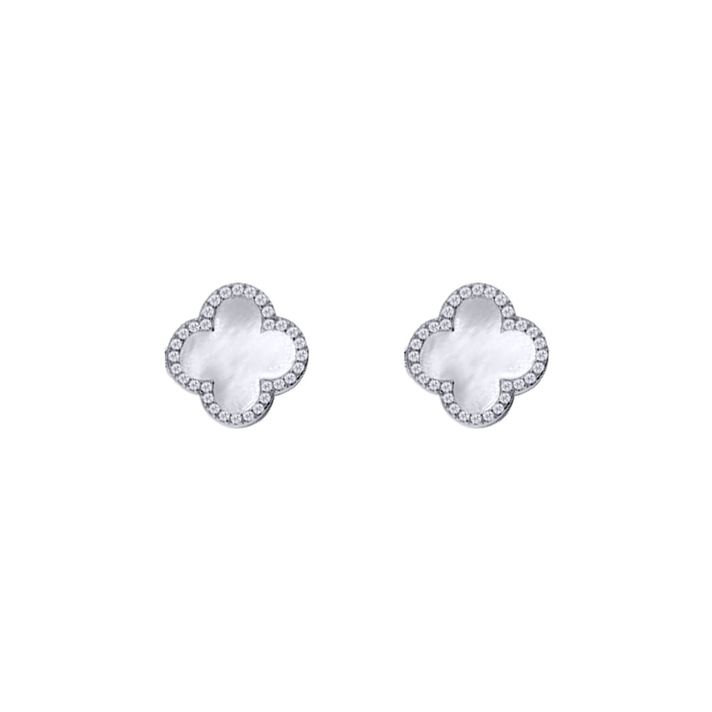 925 Silver Rhodium Cubic Zirconia Set 5 Clover Stud Earrings MOP White Colour