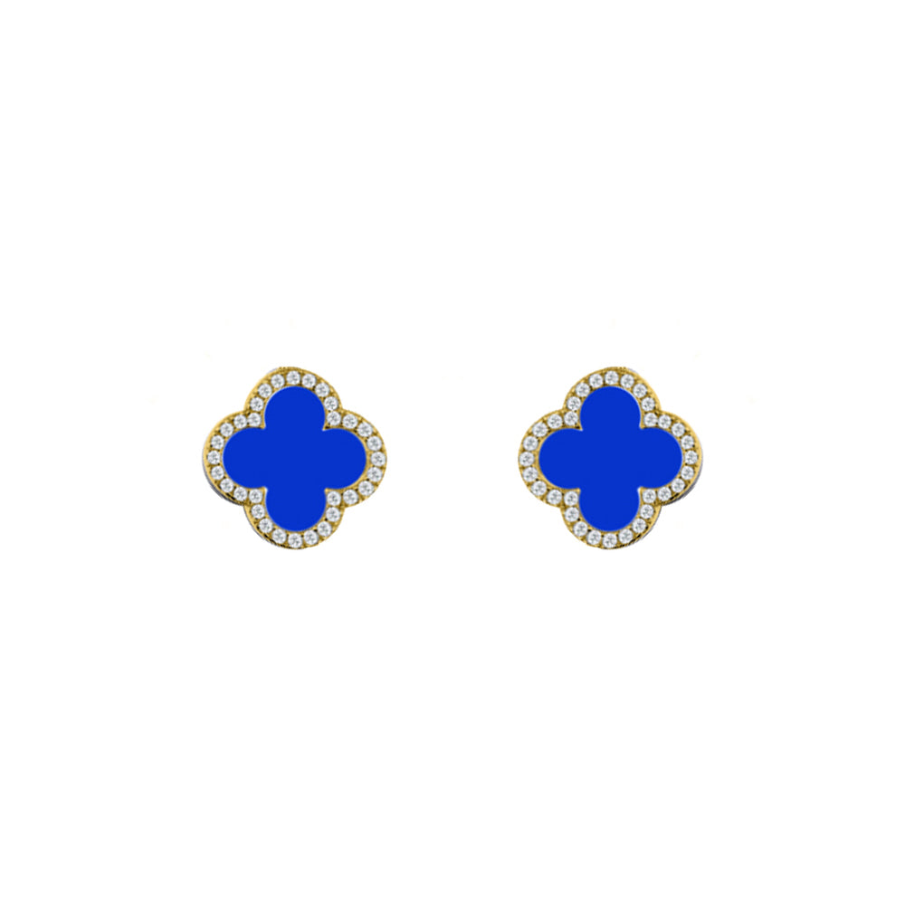 925 Silver 14ct gold Plated Cubic Zirconia Set 5 Clover Stud Earrings Blue Agate Colour