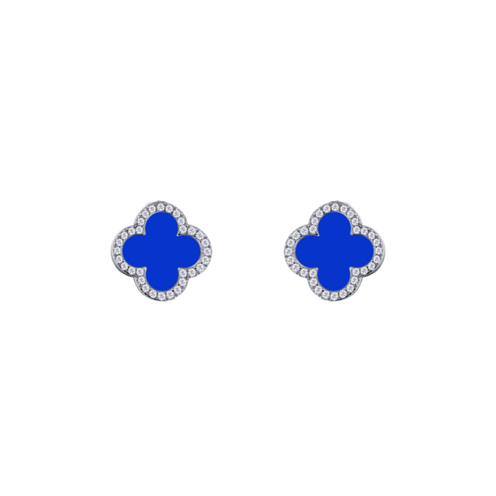 925 Silver Rhodium Cubic Zirconia Set 5 Clover Stud Earrings Blue Agate Colour