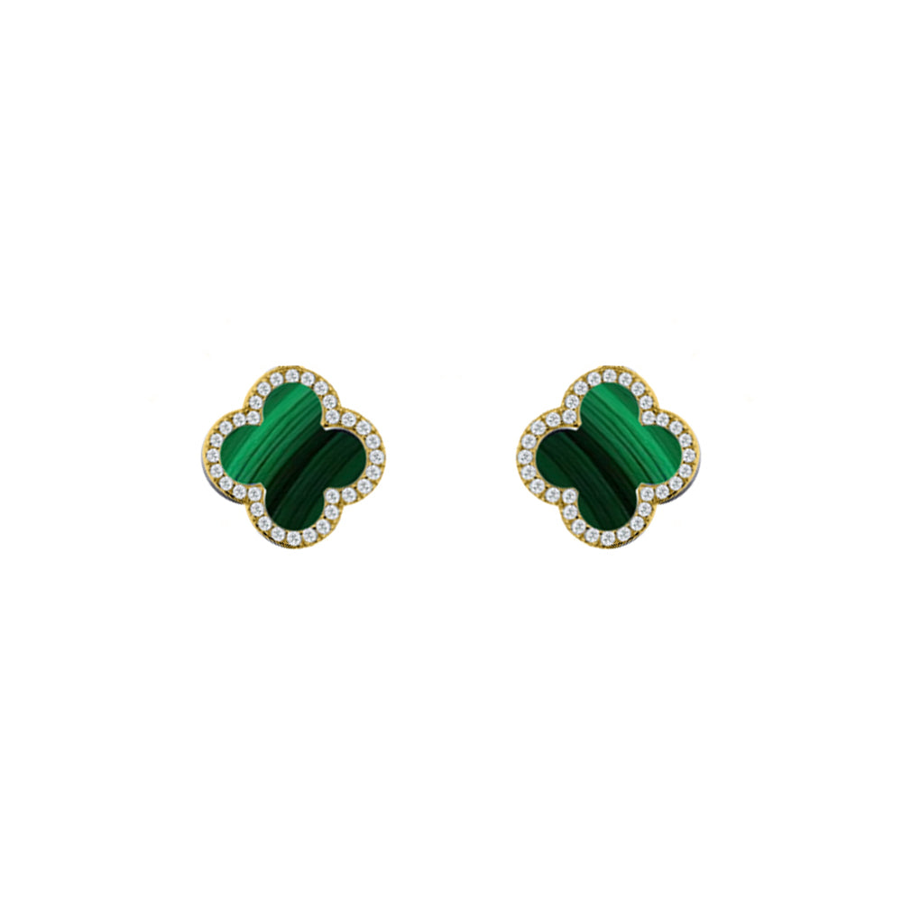 AES261-GP | 925 Silver 14ct gold Plated CZ Set 5 Clover Stud Earrings Malachite Green