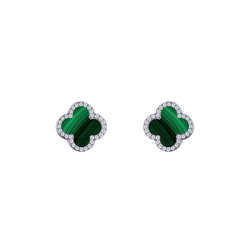 925 Silver Rhodium Cubic Zirconia Set 5 Clover Stud Earrings Malachite Green Colour