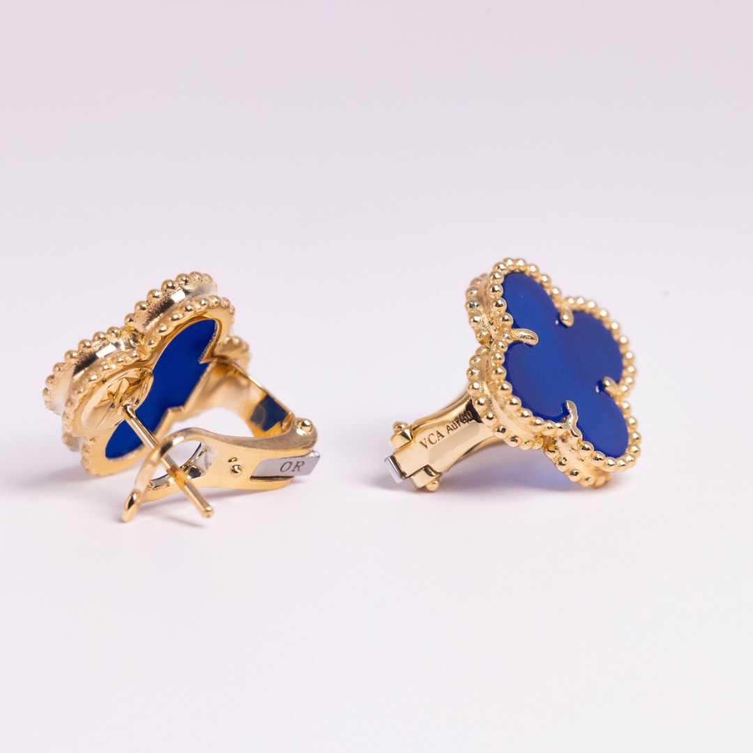 Van Cleef & Arpels Vintage Alhambra Earrings Agate 18K Yellow Gold