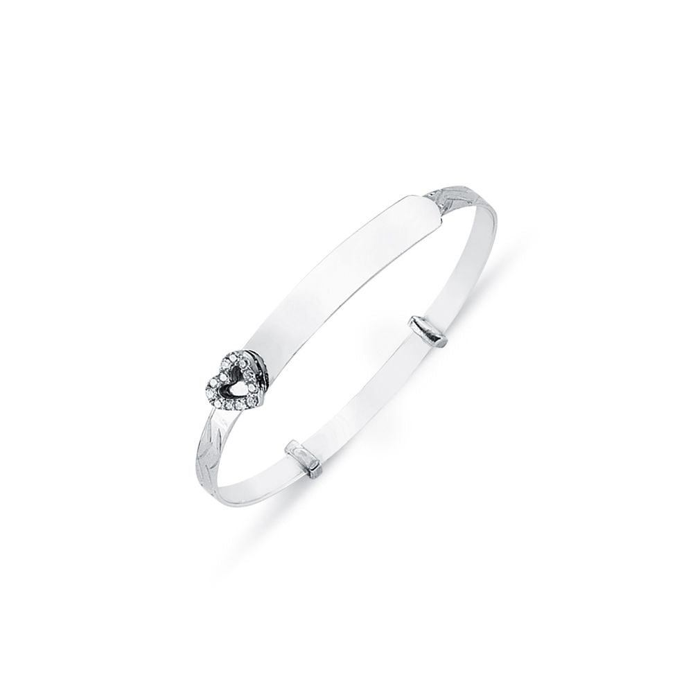 925 Sterling Silver Cubic Zirconia Set Heart Diamond Cut Id Expanding Baby / Childrens Bangle