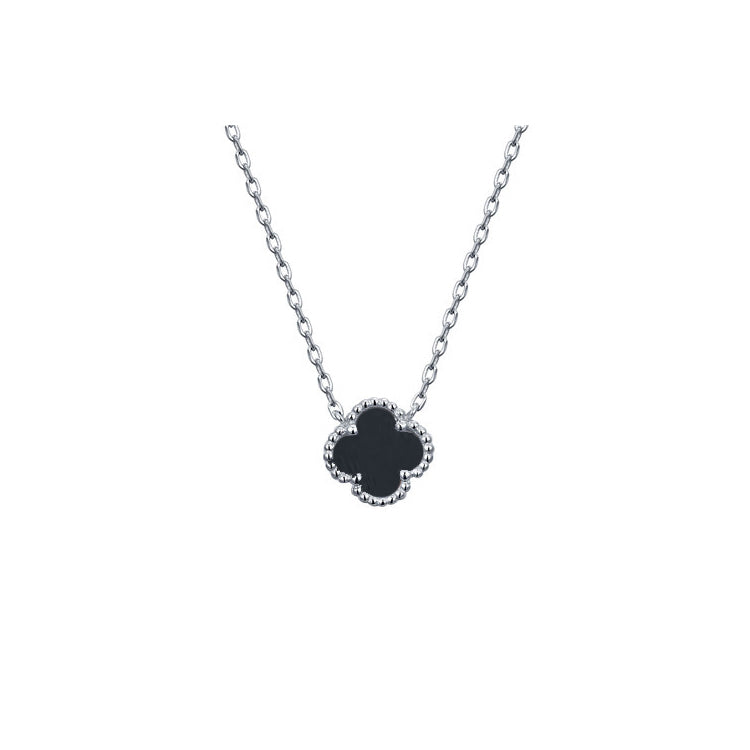 925 Silver Rhodium Clover Necklace Onyx