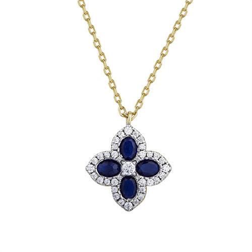 925 Silver 14ct Gold Plated Cubic Zirconia Set Clover Necklace Blue
