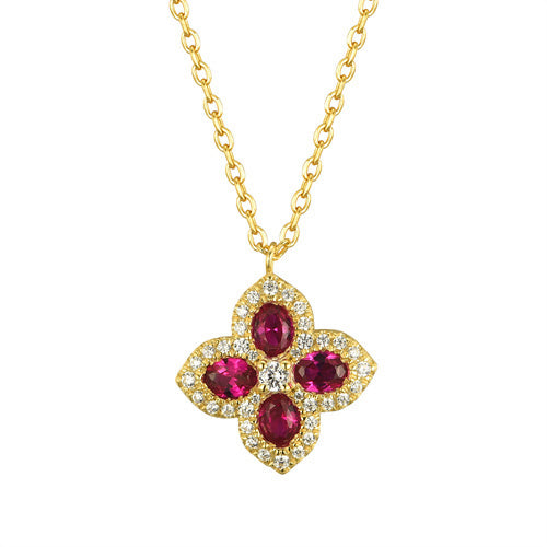 925 Silver 14ct Gold Plated Cubic Zirconia Set Clover Necklace Red