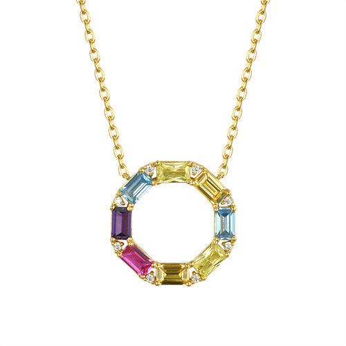 925 Silver 14ct Gold PlatedMulti Col Cubic Zirconia Set Circle of Life Necklace