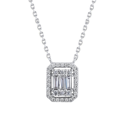 925 Silver Rhodium Plated Cubic Zirconia Set Emerald Shape Cluster Necklace