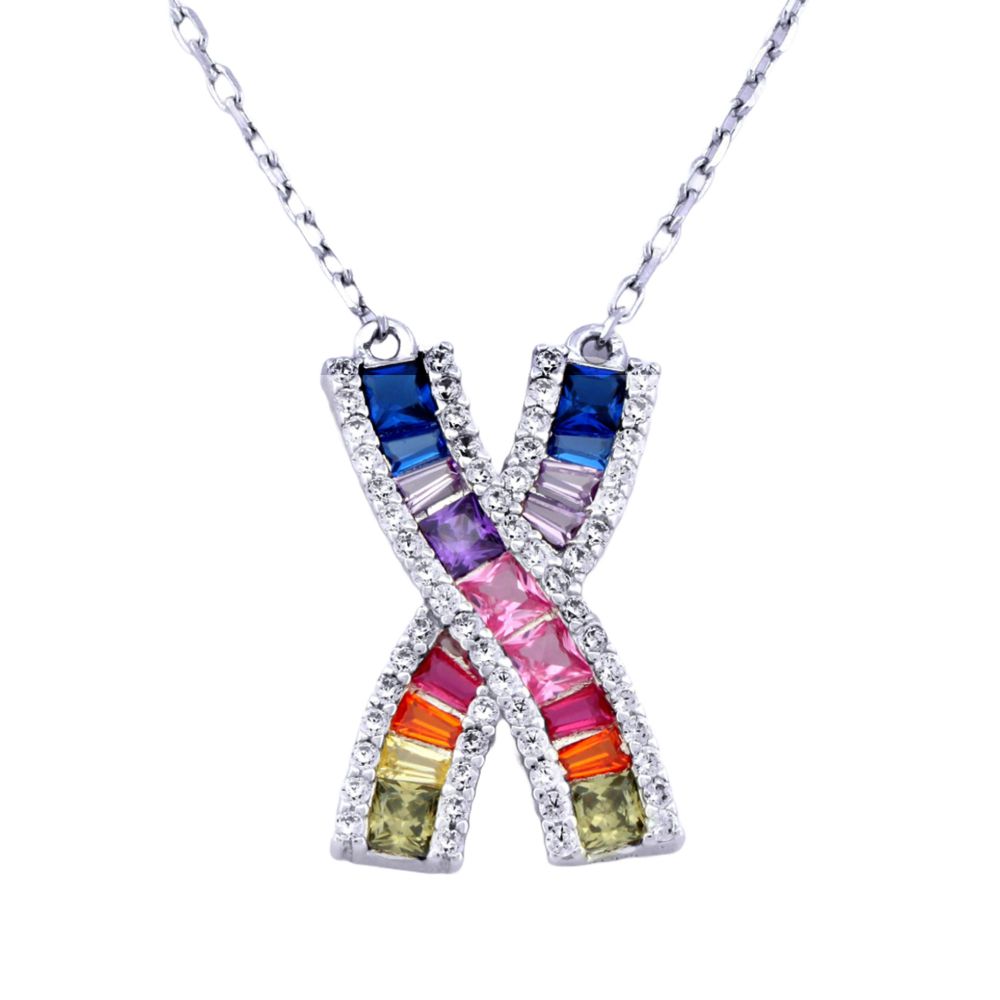 925 Silver Rhodium Plated Multi Col Cubic Zirconia Set Kisses Necklace