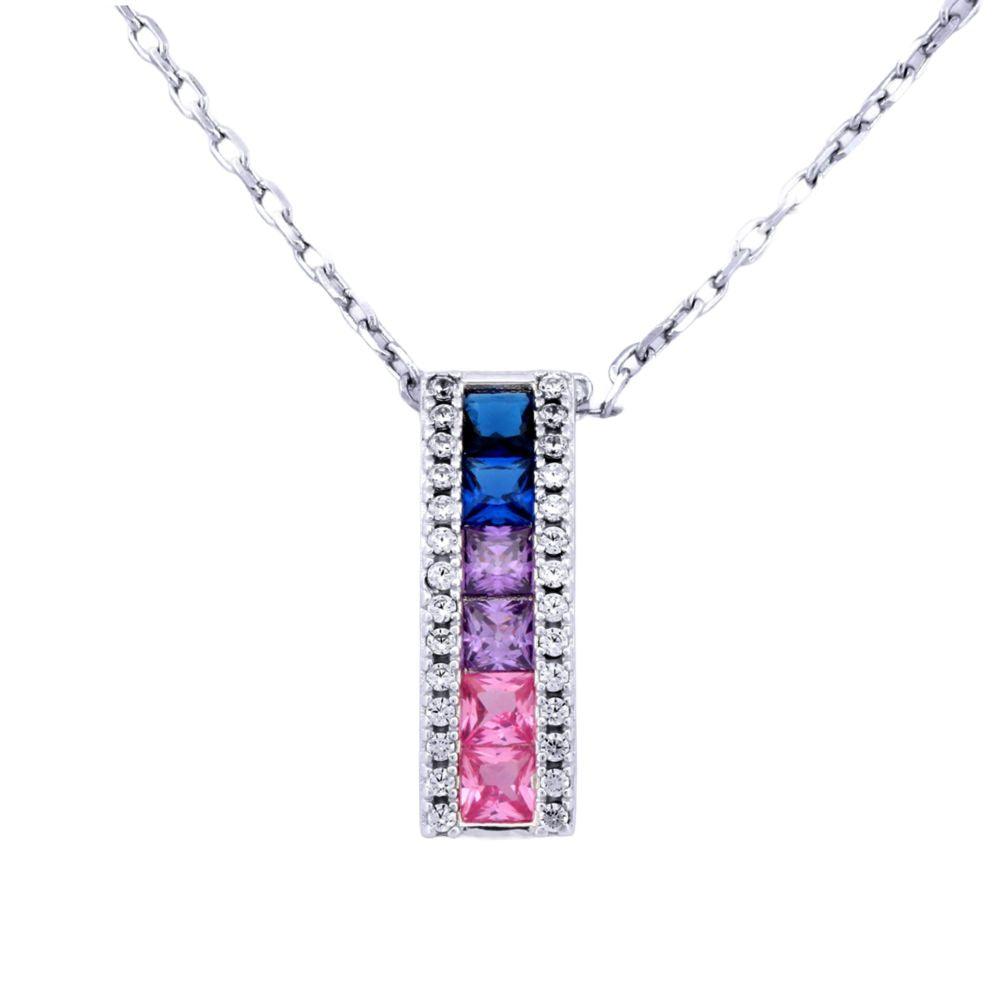 925 Silver Rhodium Plated Multi Col Cubic Zirconia Set Bar Necklace