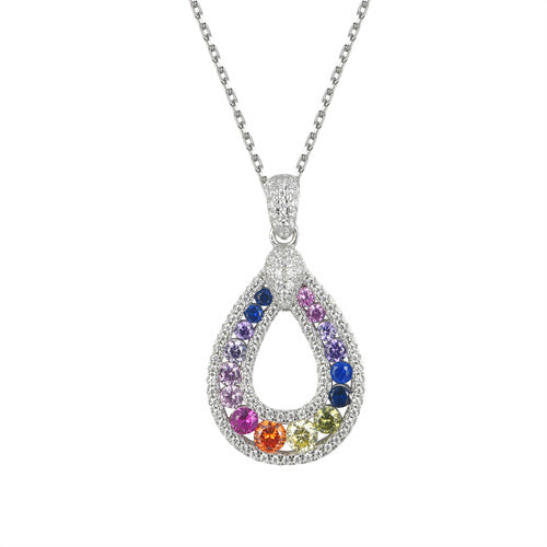925 Silver Rhodium Plated Multi Col Cubic Zirconia Set Oval Necklace