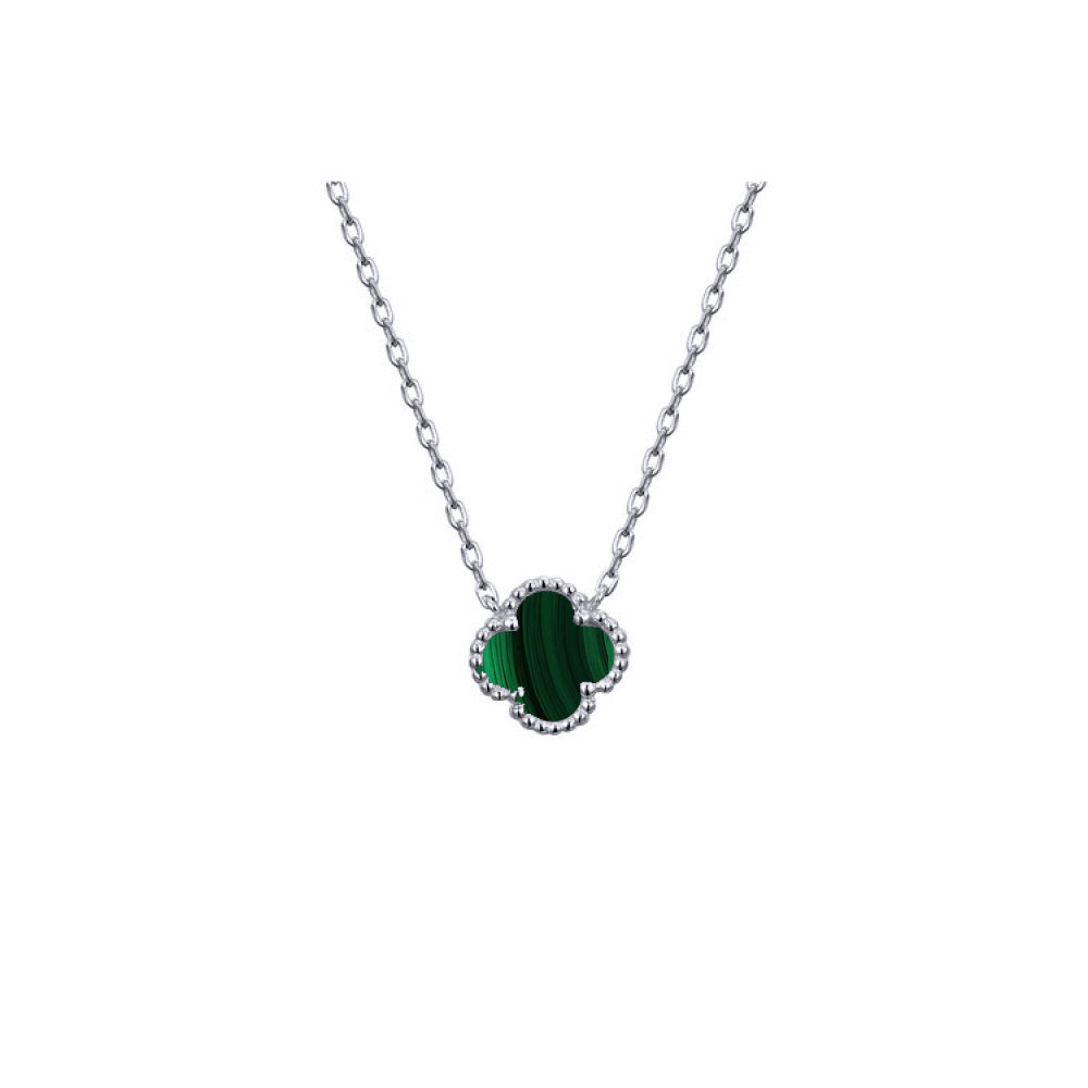 925 Silver Rhodium Plated Green Malachite Clover Necklace