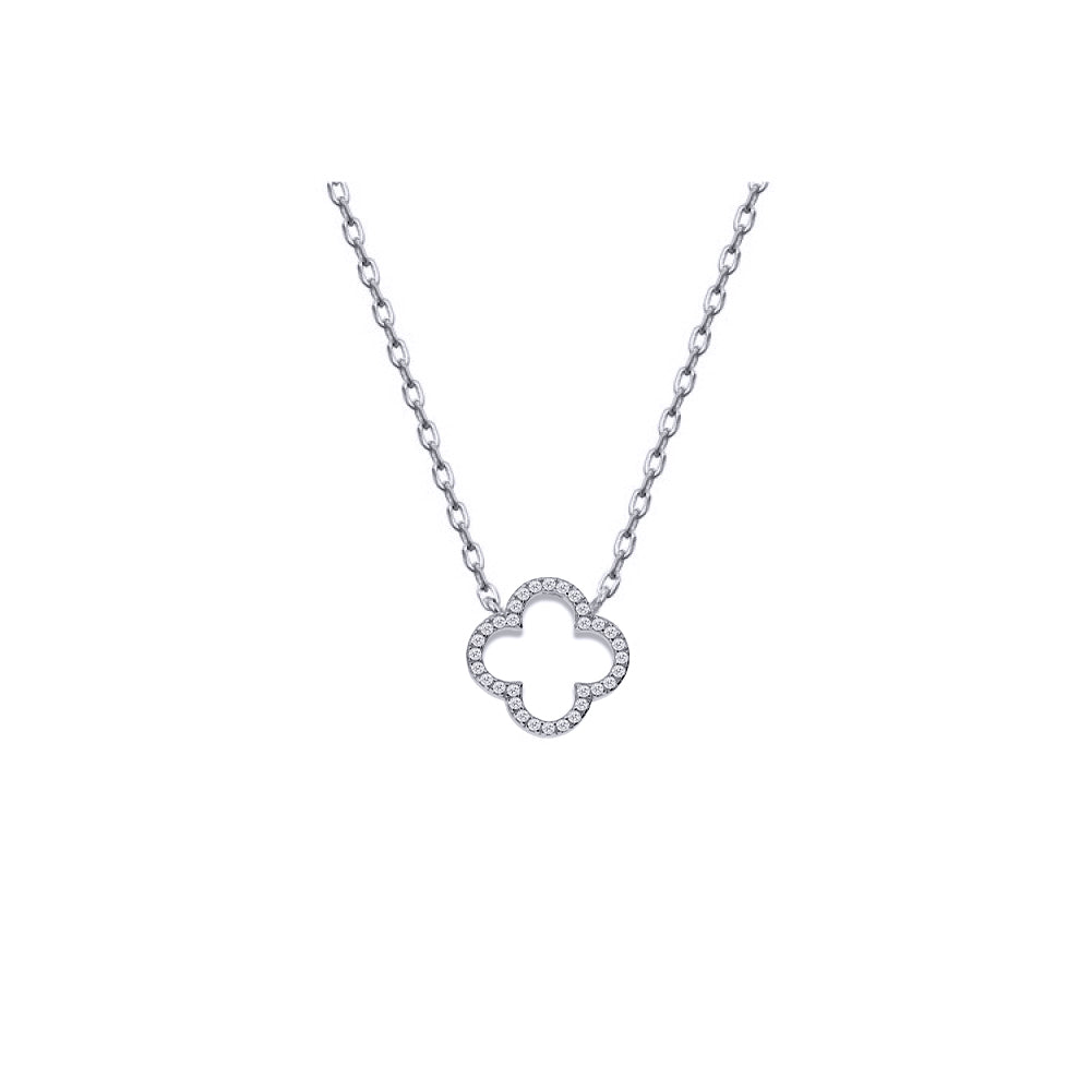 ANC097 | 925 Silver Rhodium Plated CZ Set Clover Necklace