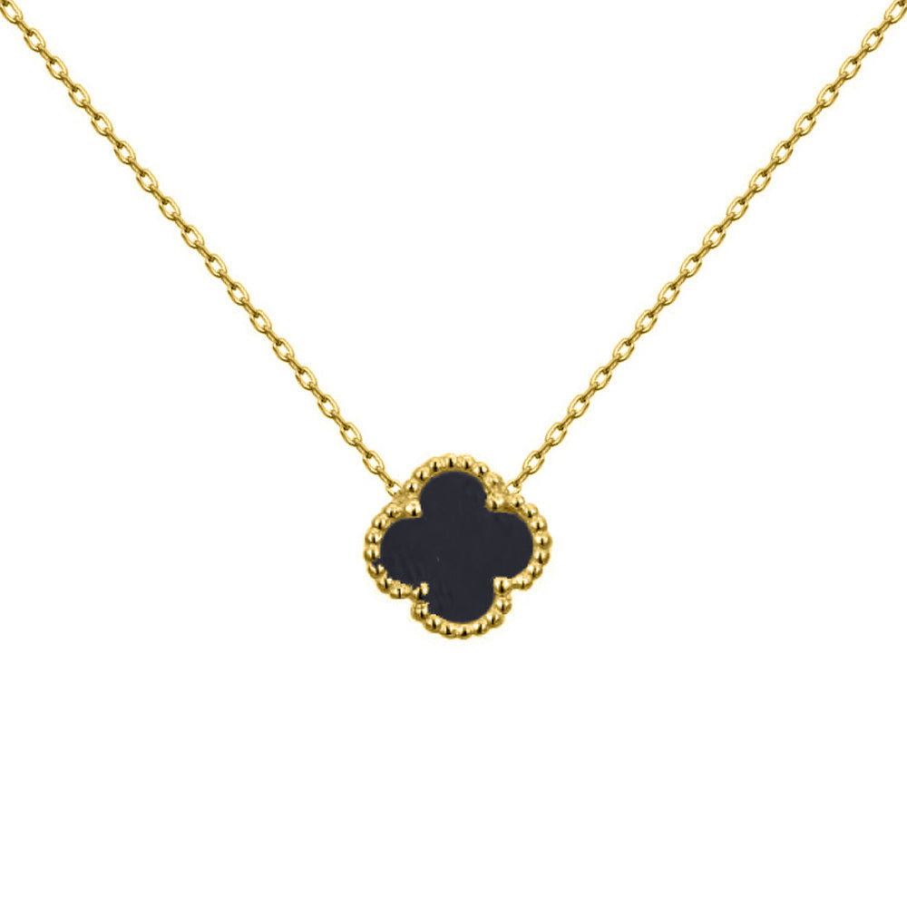 925 Silver 14ct gold Plated Single Clover Necklace Black Onyx Colour