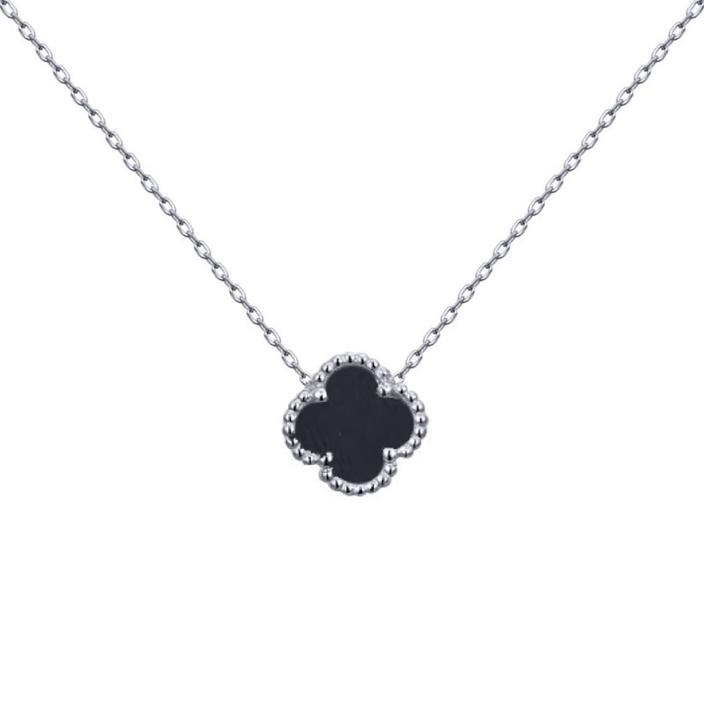 925 Silver Rhodium Single Clover Necklace Black Onyx Colour