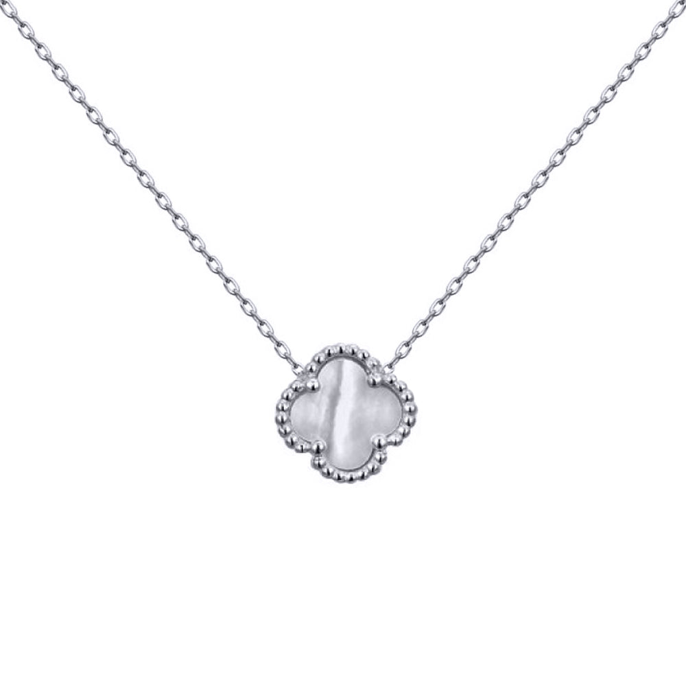 925 Silver Rhodium Single Clover Necklace MOP White Colour