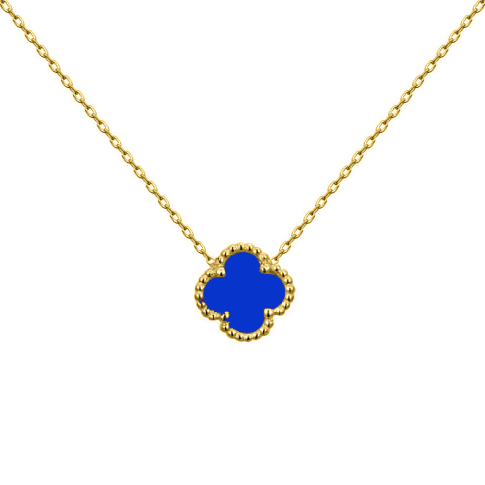 925 Silver 14ct gold Plated Single Clover Necklace Blue Agate Colour