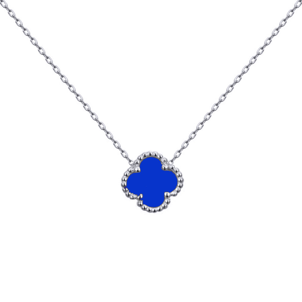 925 Silver Rhodium Single Clover Necklace Blue Agate Colour