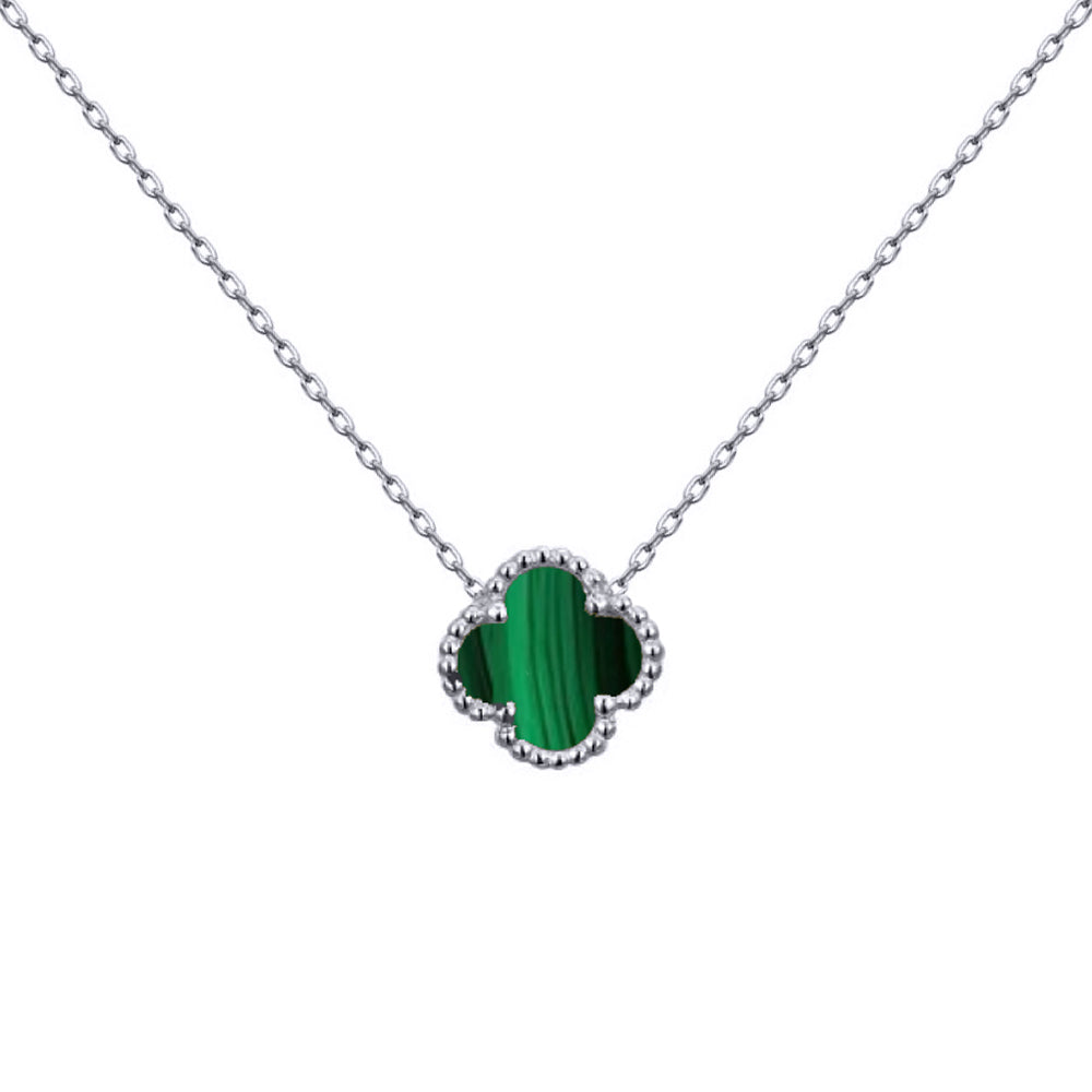 925 Silver Rhodium Single Clover Necklace Malachite Green Colour