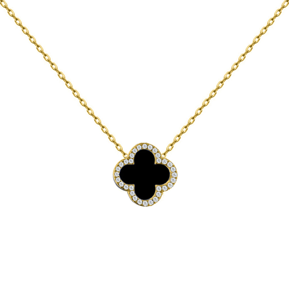 925 Silver 14ct gold Plated Cubic Zirconia Set Single Clover Necklace Black Onyx Colour