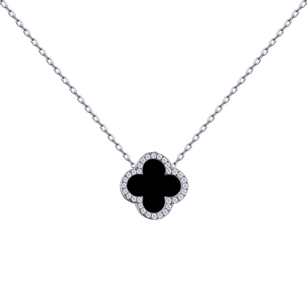 925 Silver Rhodium Cubic Zirconia Set Single Clover Necklace Black Onyx Colour
