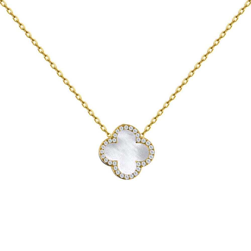 925 Silver 14ct gold Plated Cubic Zirconia Set Single Clover Necklace MOP White Colour