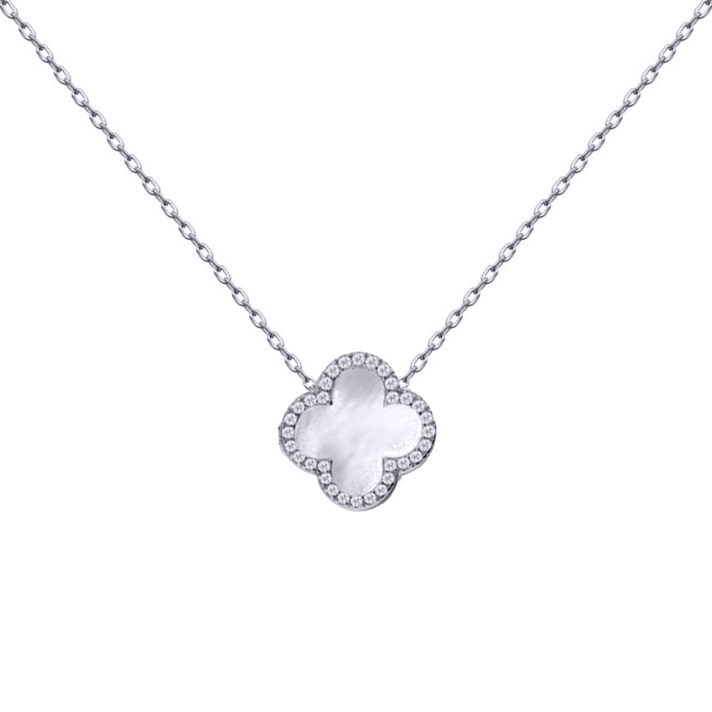 925 Silver Rhodium Cubic Zirconia Set Single Clover Necklace MOP White Colour