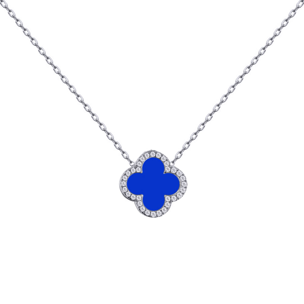 925 Silver Rhodium Cubic Zirconia Set Single Clover Necklace Blue Agate Colour