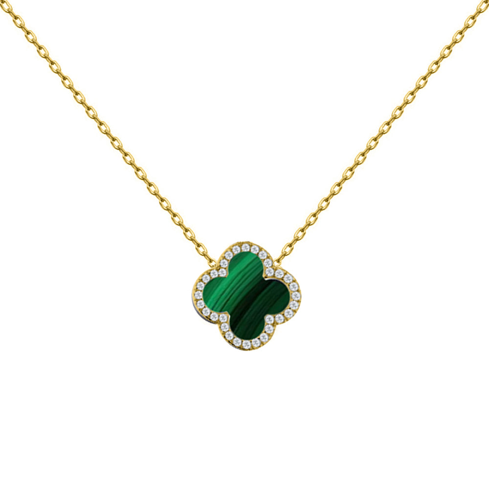 925 Silver 14ct gold Plated Cubic Zirconia Set Single Clover Necklace Malachite Green