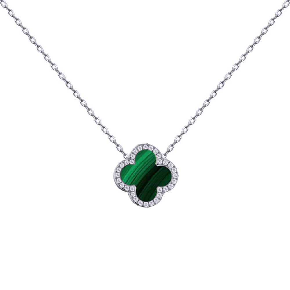 925 Silver Rhodium Cubic Zirconia Set Single Clover Necklace Malachite Green Colour