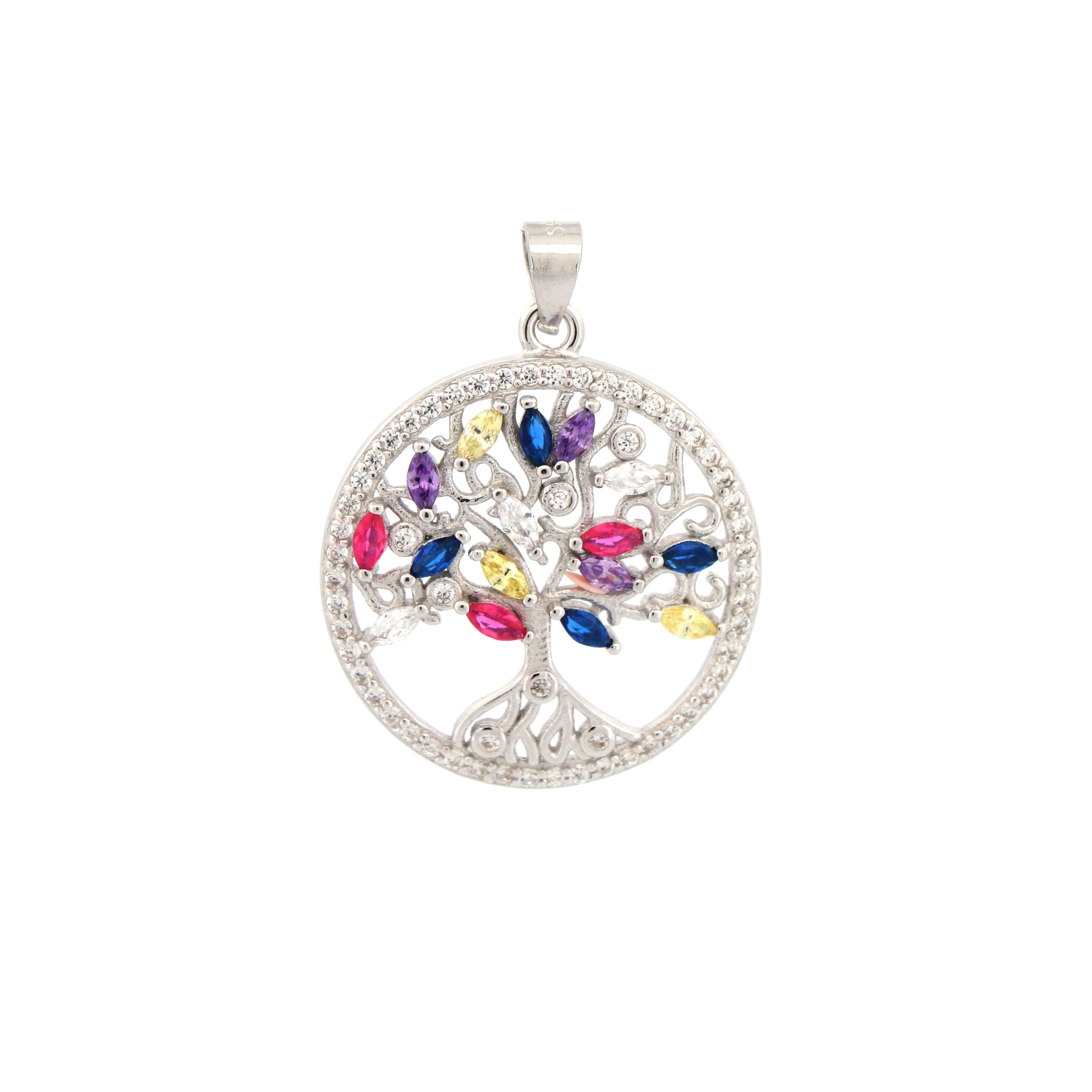 925 Silver Multi Col Cubic Zirconia Tree of Life Pendant