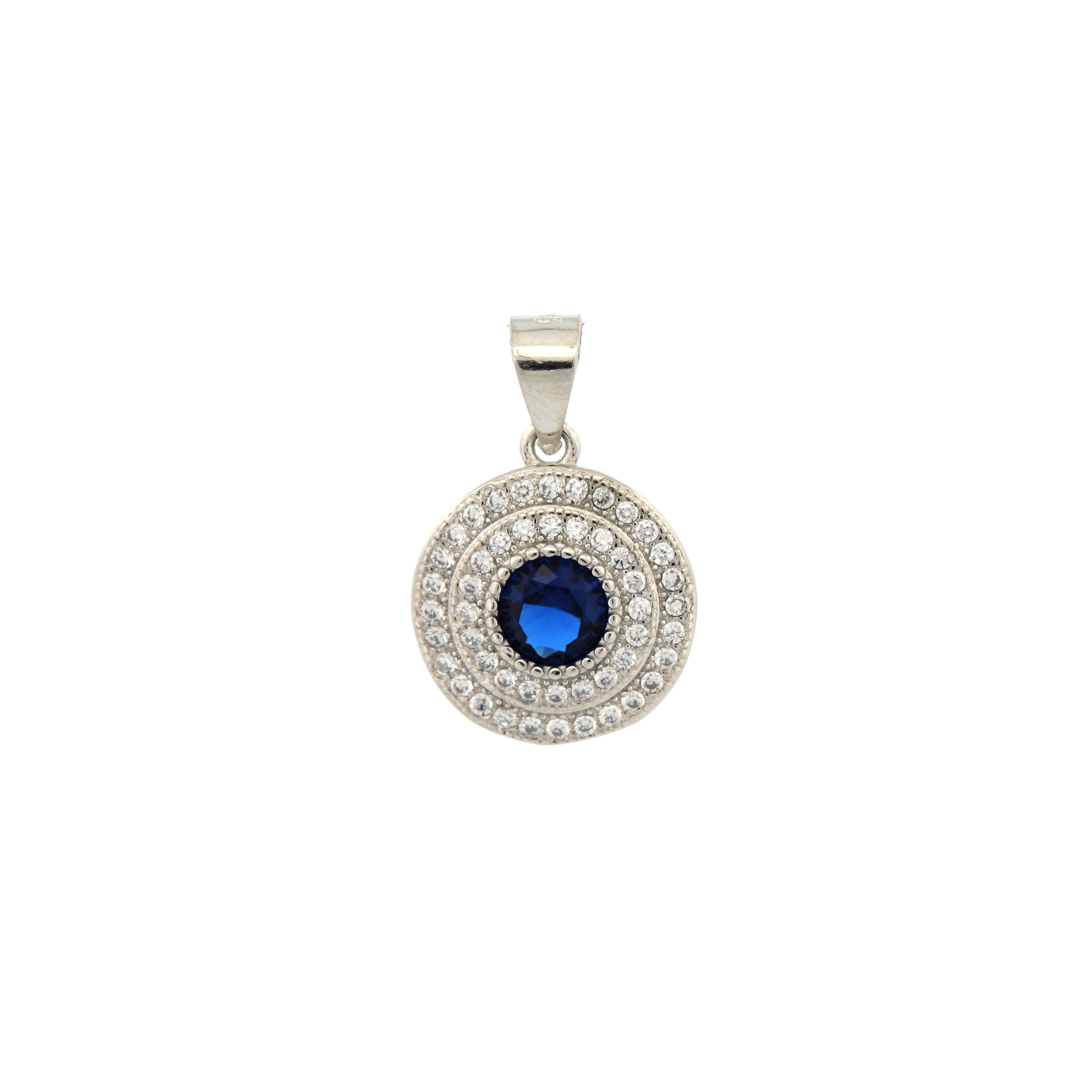 925 Silver Rhodium Halo Pendant Sapphire Centre Cubic Zirconia