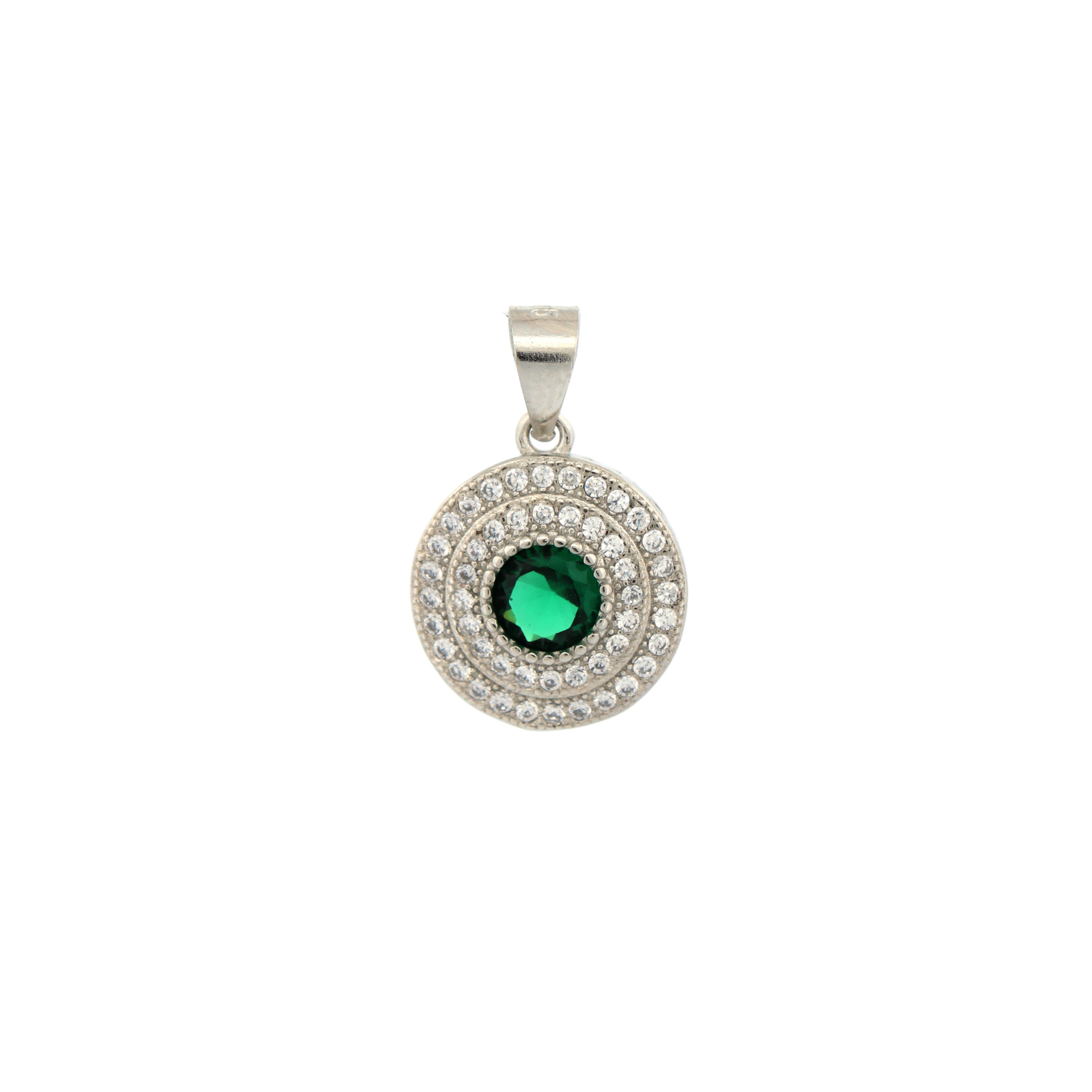 925 Silver Rhodium Halo Pendant Emerald Centre Cubic Zirconia