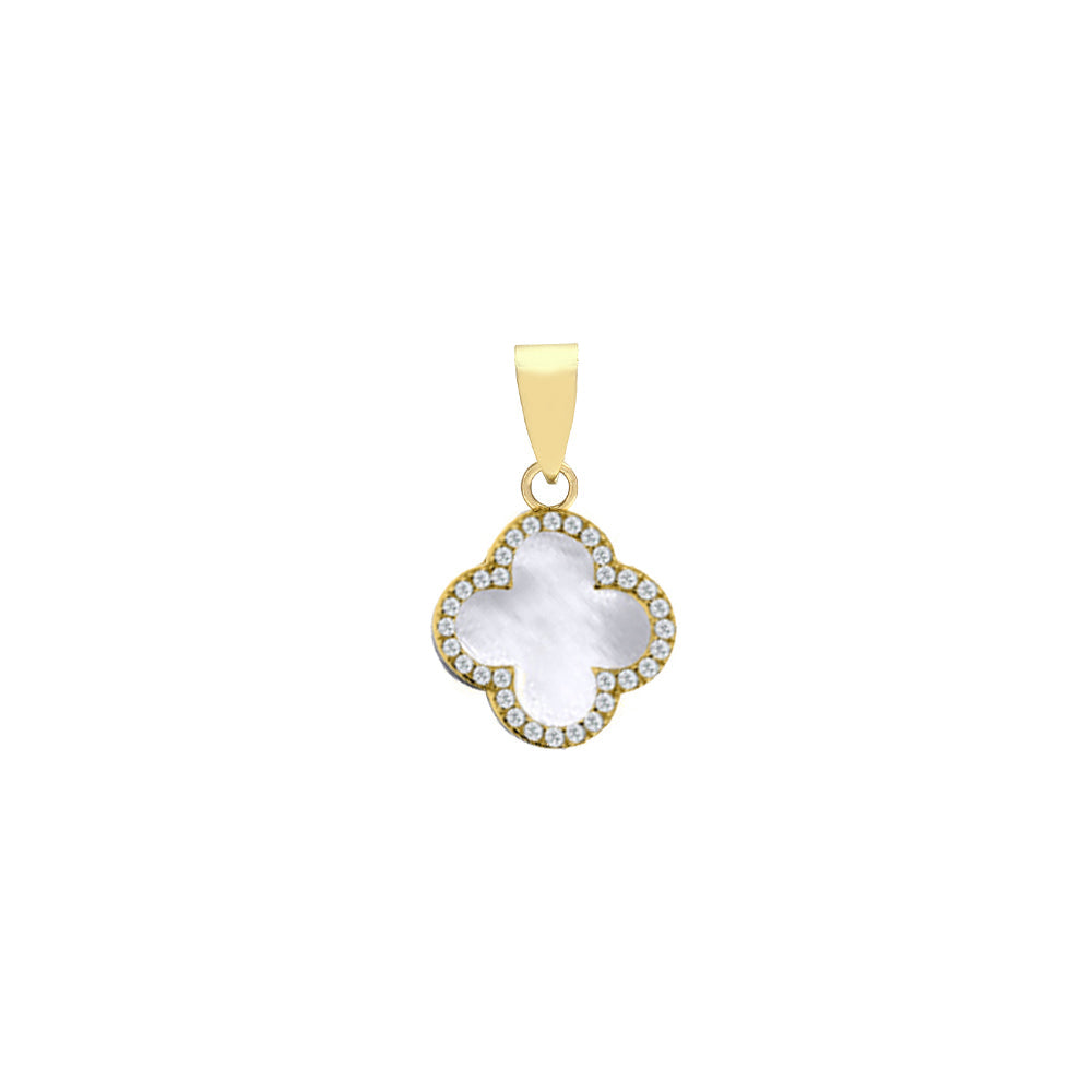 925 Silver 14ct gold Plated CZ Set Single Clover Pendant   MOP  White Colour