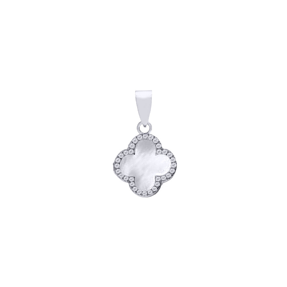 925 Silver Rhodium Cubic Zirconia Set Single Clover Pendant MOP White Colour