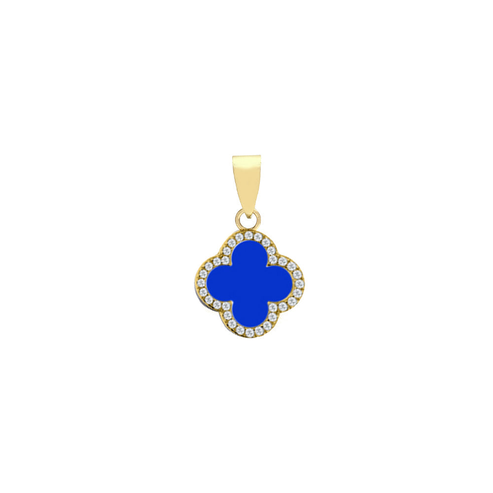 925 Silver 14ct gold Plated CZ Set Single Clover Pendant Blue Agate Colour