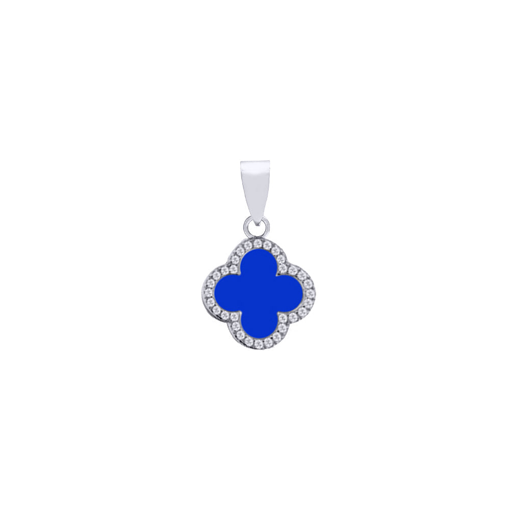 925 Silver Rhodium Cubic Zirconia Set Single Clover Pendant Blue Agate Colour