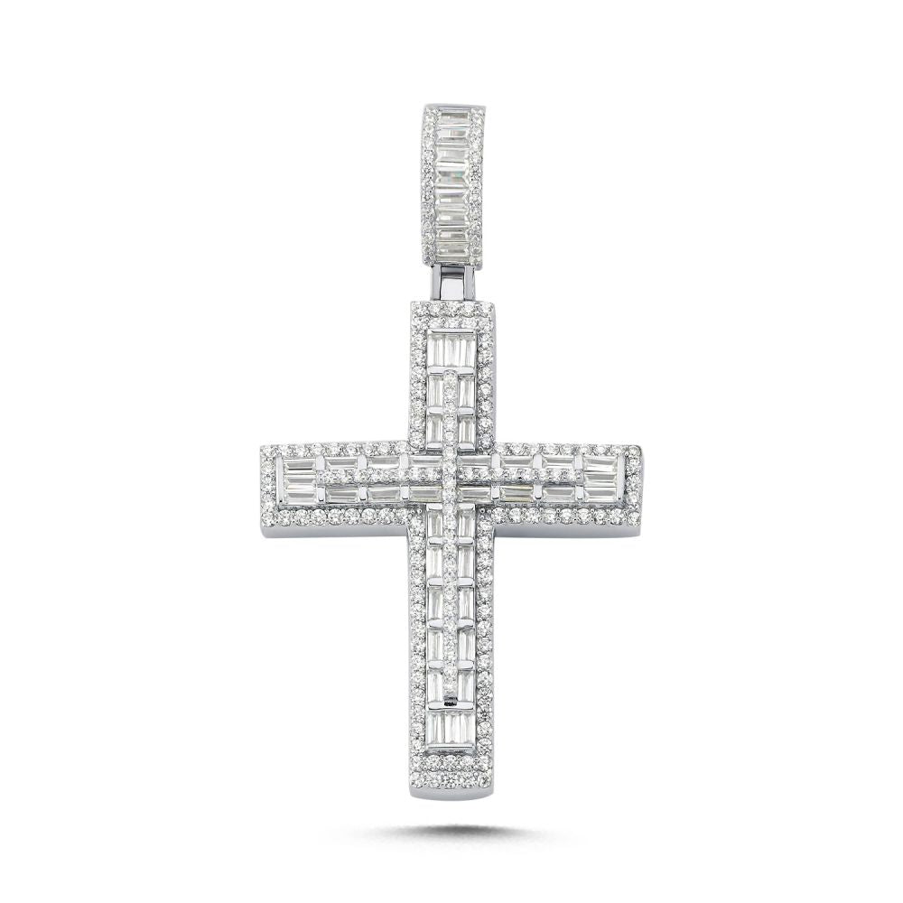 925 Silver Large Cubic Zirconia Brilliant and Baguette Cut Cross