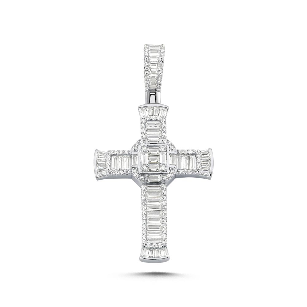 925 Silver Large Cubic Zirconia Brilliant and Baguette Cut Cross