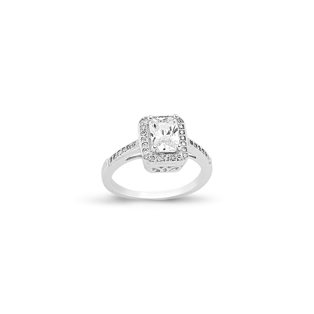 925 Silver Cubic Zirconia Emerald Cut Centre Halo Ring