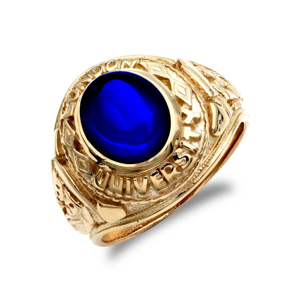 925 Silver Gold Plated Blue Stone College Ring