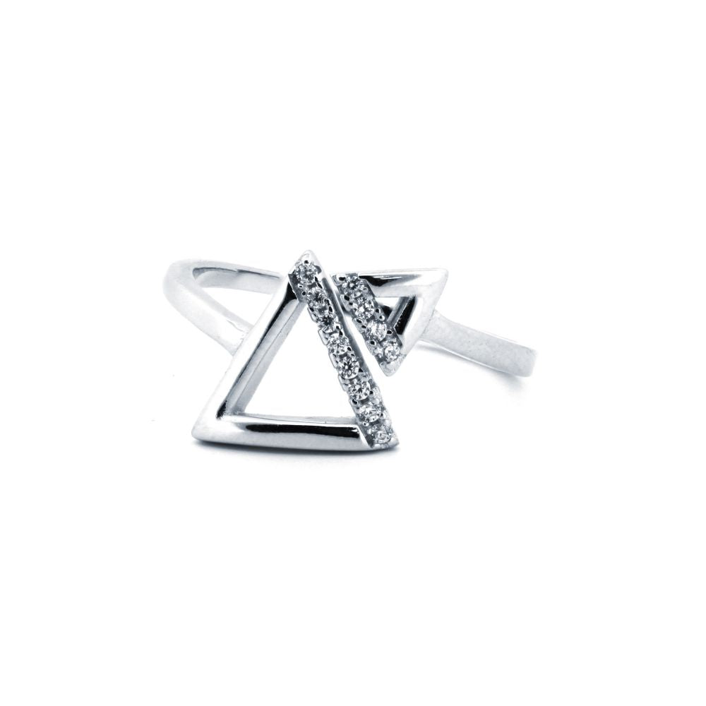 925 Silver Rhodium Cubic Zirconia Set Twin Triangle Ring