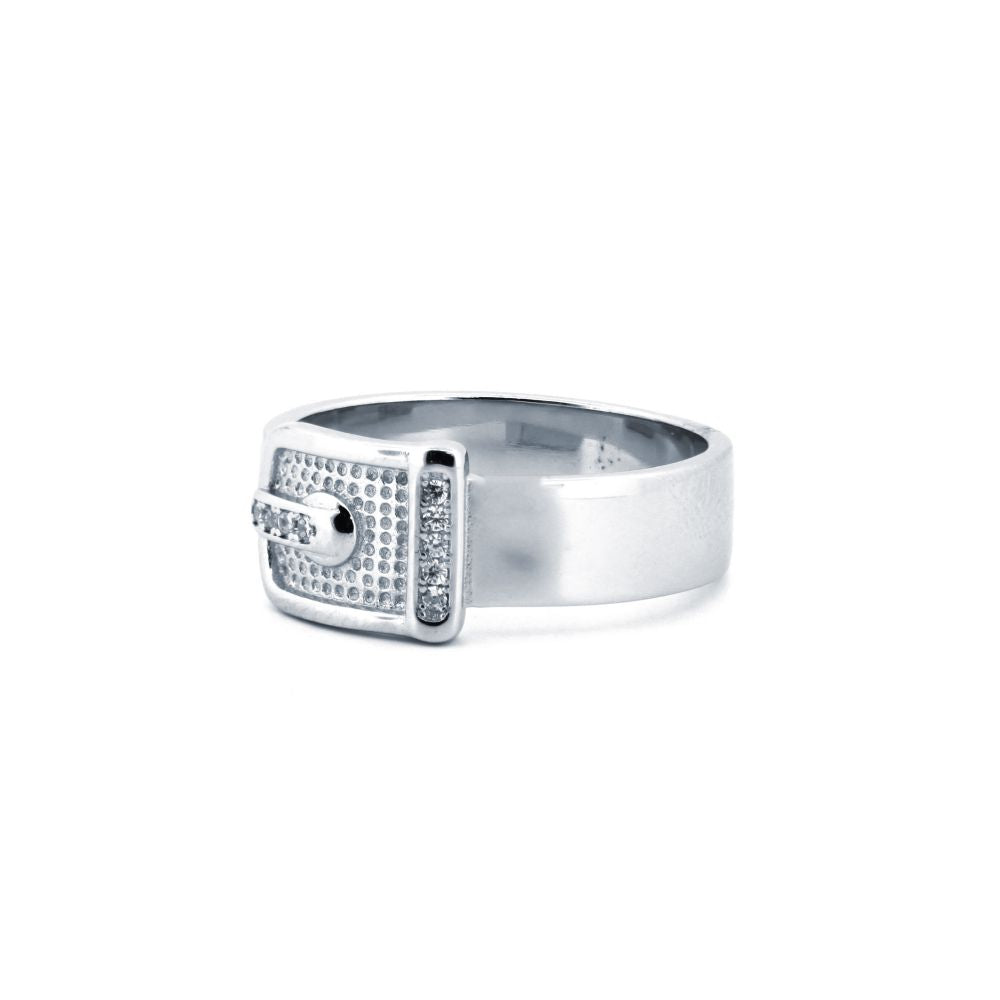 925 Silver Rhodium Cubic Zirconia Set Buckle Ring