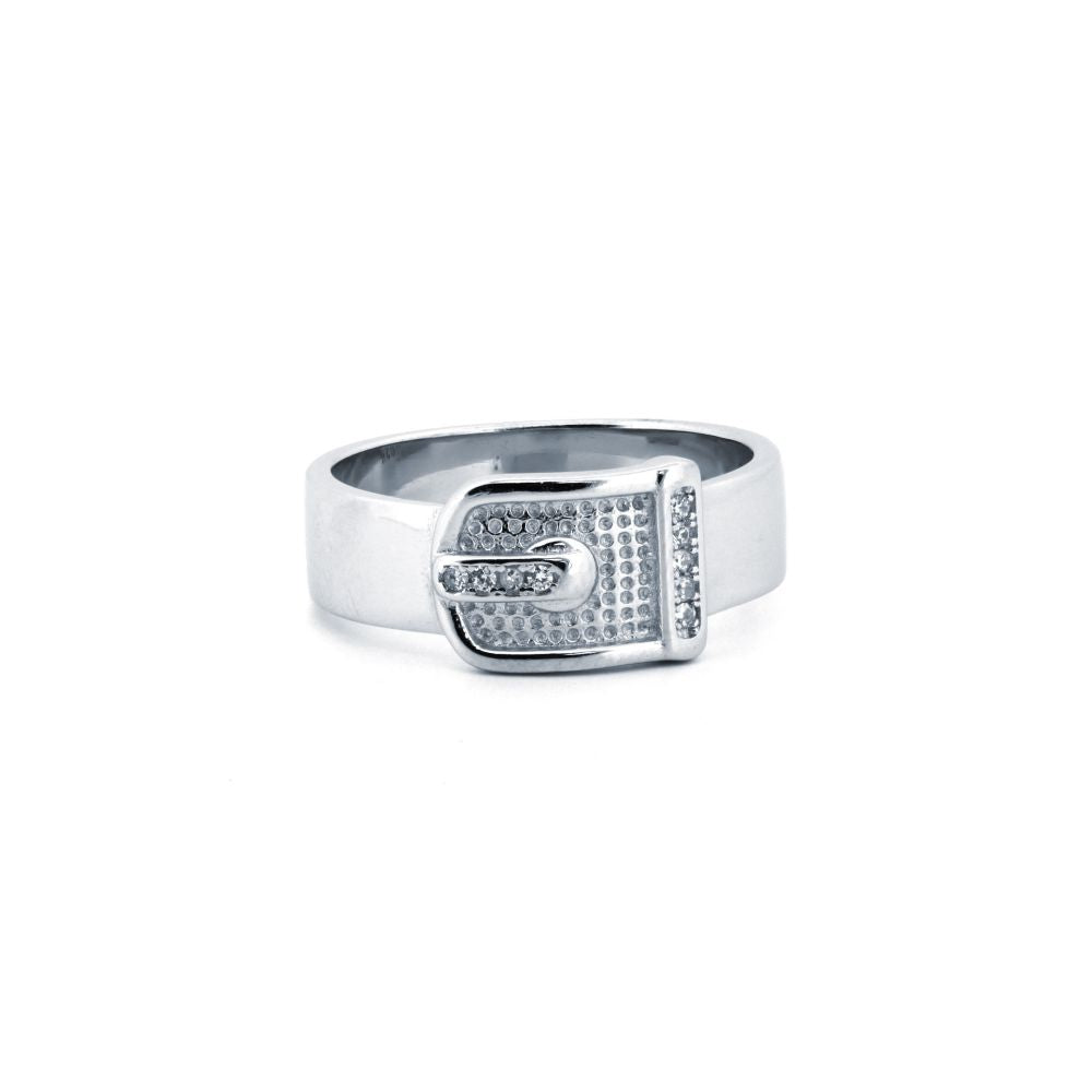 925 Silver Rhodium Cubic Zirconia Set Buckle Ring