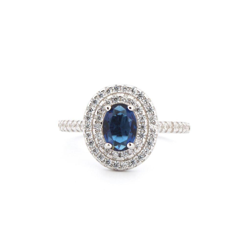 925 Silver Rhodium Cubic Zirconia Set Oval Cluster Sapphire Centre
