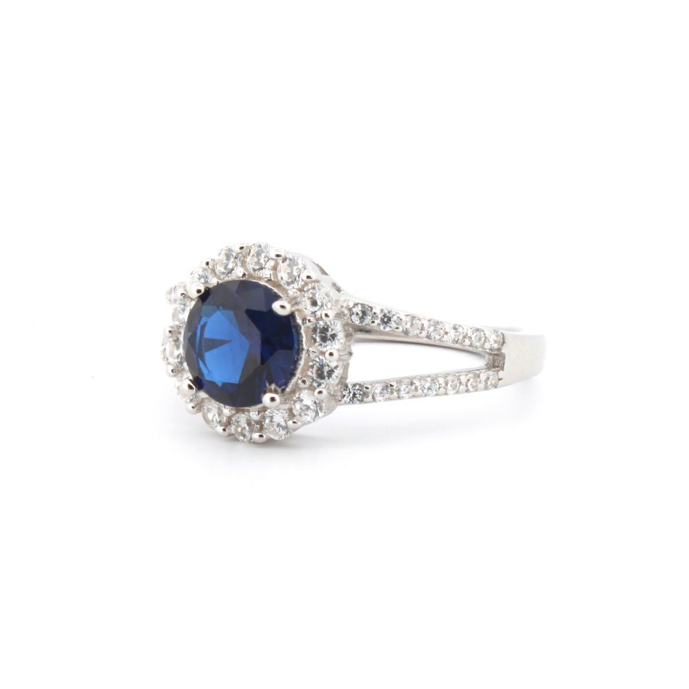 925 Silver Rhodium Cubic Zirconia Set Round Cluster Sapphire Centre