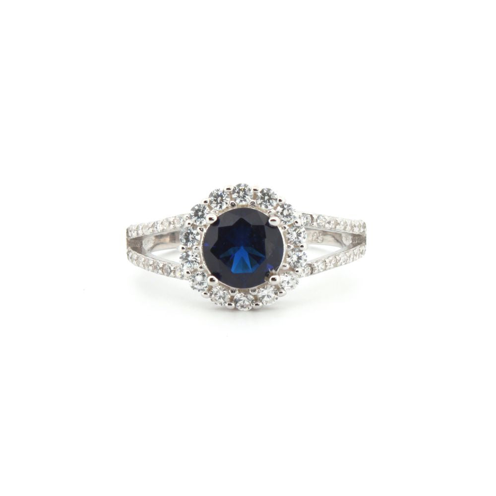 925 Silver Rhodium Cubic Zirconia Set Round Cluster Sapphire Centre