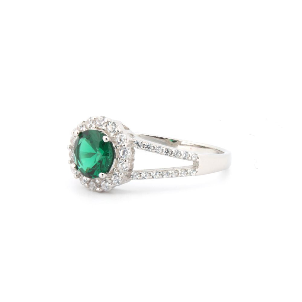 925 Silver Rhodium Cubic Zirconia Set Round Cluster Emerald Green Centre