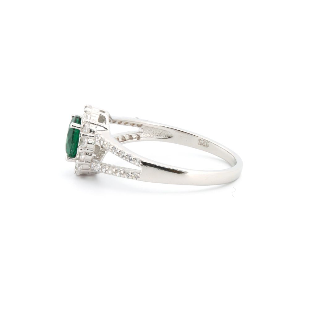 925 Silver Rhodium Cubic Zirconia Set Round Cluster Emerald Green Centre